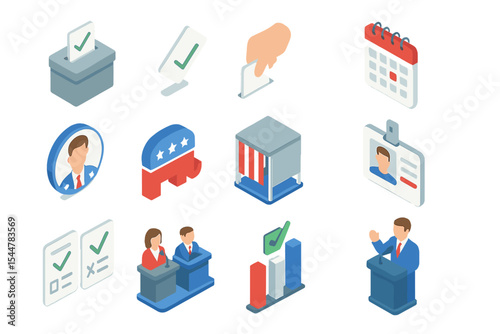 Isometric election icons: voting booth, ballot, politician, calendar, checkmark