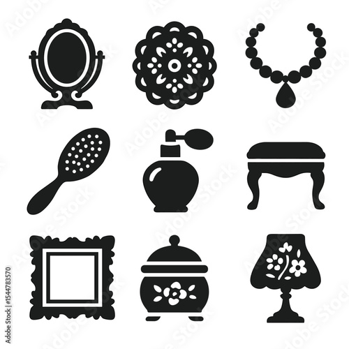 Vintage Vanity Icons. Solid, filled icons set of vintage vanity setups: ornate mirror, lace doily, pearl