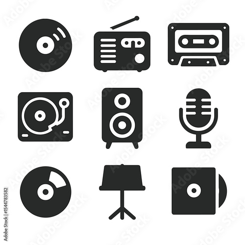 Vintage Music Icons. Solid, filled icons set of vintage music and media: vinyl record, retro radio, classic cassette, record player, antique speaker, vintage mic, CD, music stand, secondhand album.