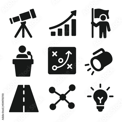 Visionary Leadership Icons. Solid, filled icons set of visionary leadership: telescope, rising graph, podium