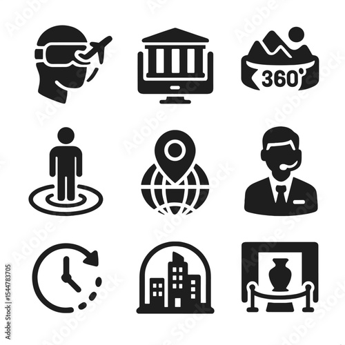 Virtual Tourism Icons. Solid, filled icons set of virtual tourism experiences: VR travel icon, digital monument, 