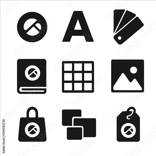 Visual Identity Icons. Solid, filled icons set of visual identity creation: logo symbol, font style, color