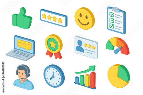 Isometric icons depicting customer satisfaction and feedback elements