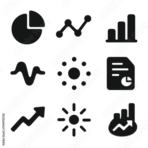 Visual Data Icons. Solid, filled icons set of visual data and metrics: pie chart, line graph, bar icon, metric