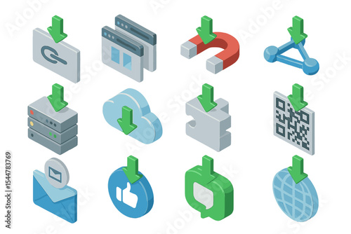 Download icons set with arrows for cloud, qr code, and web elements