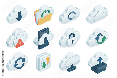 Set of cloud computing icons representing synchronization and file sharing
