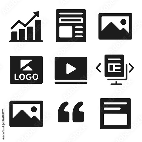Visual Storytelling Icons. Solid, filled icons set of visual storytelling in press: infographic chart,