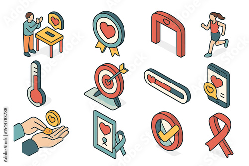 Heart health and fitness icons with wellness symbols and activities