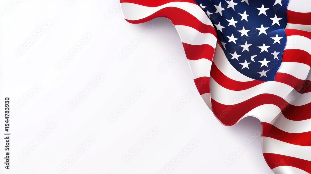 Obraz premium American flag waving gracefully, showcasing vibrant red and white stripes along with blue field adorned with white stars, symbolizing patriotism and national pride in a dynamic display