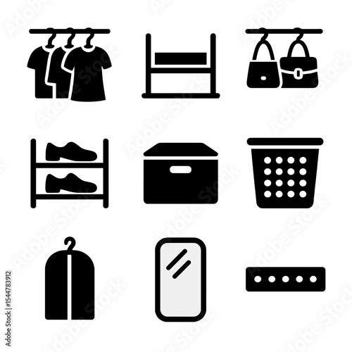 Wardrobe Interior Icons Grid. Solid, filled icons set of wardrobe interior: clothes rail, shelf divider,