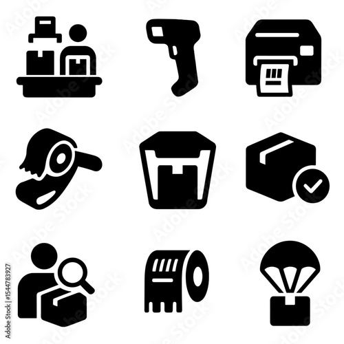 Warehouse Icon Set. Solid, filled icons set of warehouse packing process: packing station, scanner device,