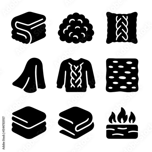 Warm Texture Icons. Solid, filled icons set of warm and cozy textures: fluffy blanket, wool rug, knit pillow, soft throw, cozy knit, tactile wall, cozy layers, layered comfort, warm atmosphere.