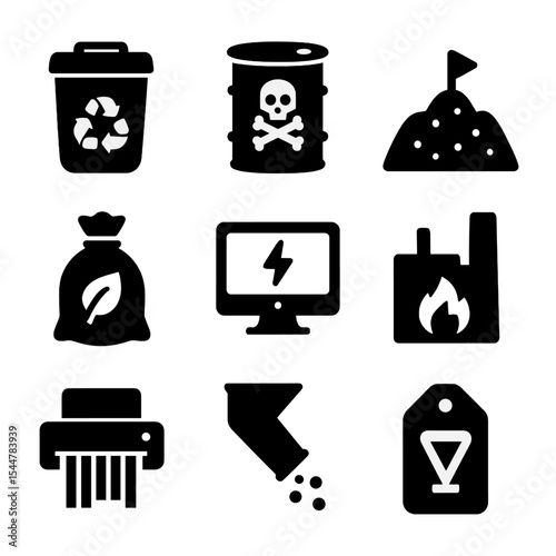 Waste Management Icons. Solid, filled icons set of waste management and disposal: recycling bin, hazardous