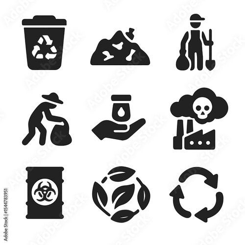 Waste Management Icons. Solid, filled icons set of waste and pollution justice: recycling bin, landfill icon, cleanup 