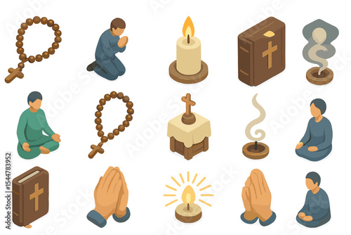 Religious symbols and prayer: rosary, candle, bible, meditation, incense