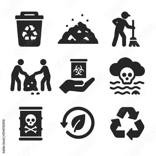 Waste Management Icons. Solid, filled icons set of waste and pollution justice: recycling bin, landfill icon, cleanup 