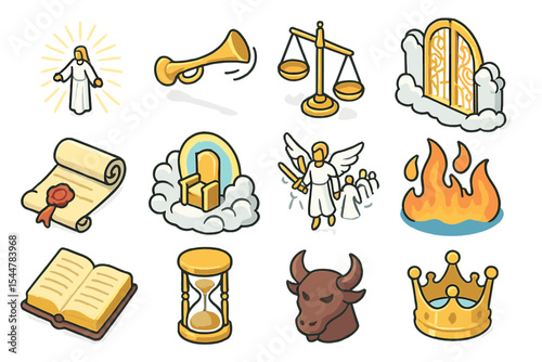 Spiritual symbols: angel, bible, trumpet, flame, crown, scroll, throne, scales