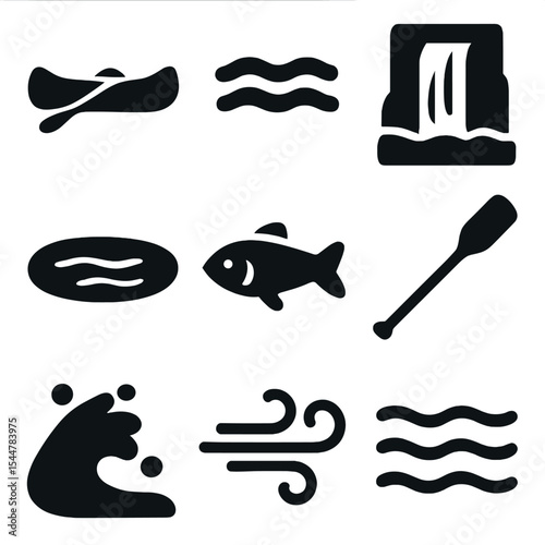 Water Adventure Icons. Solid, filled icons set of water adventures in nature: canoe icon, river wave,