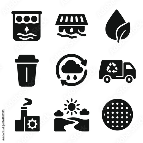 Water and Waste Icons. Solid, filled icons set of water and waste management: water purification icon, storm drain