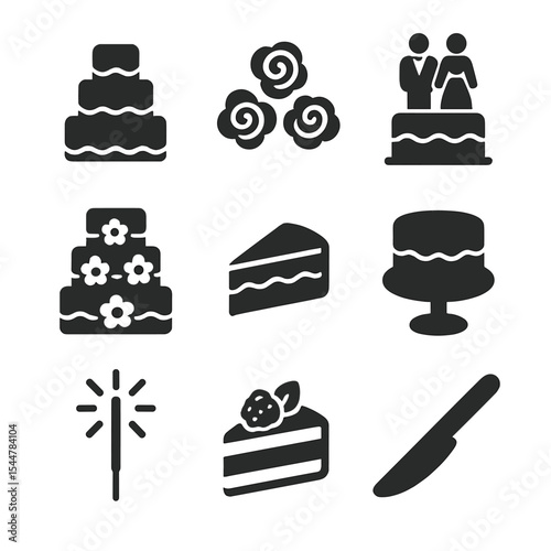 Wedding Cake Icons. Solid, filled icons set of wedding cake designs: multi-tier cake, fondant roses, cake