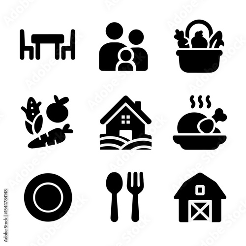 Wholesome Farm Dining Icons. Solid, filled icons set of wholesome farm dining moments: dinner table, family