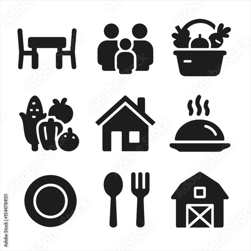 Wholesome Farm Dining Icons. Solid, filled icons set of wholesome farm dining moments: dinner table, family