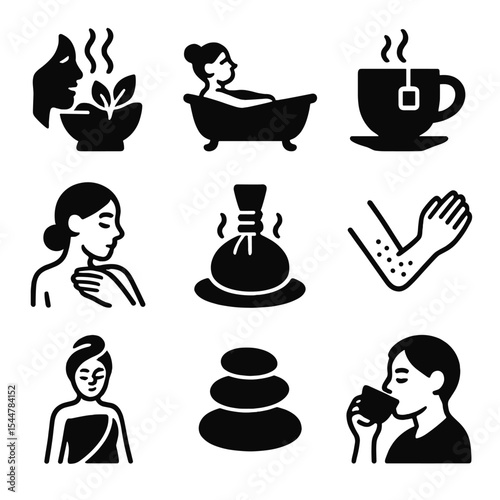 Wellness Ritual Icons. Solid, filled icons set of natural wellness rituals: herbal steam, calming bath,