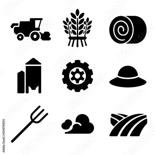 Wheat Harvest Icons. Solid, filled icons set of wheat harvesting season: combine harvester, wheat bundle,