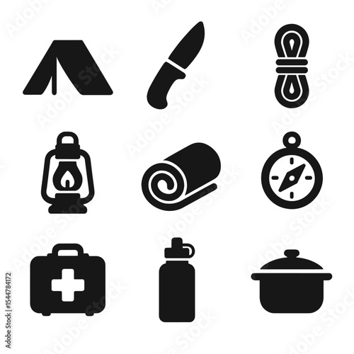 Wilderness Camping Gear Icons. Solid, filled icons set of wilderness camping gear: tent icon, camping knife, rope icon, camping light, sleeping mat, compass, first aid kit, water bottle, cooking pot.