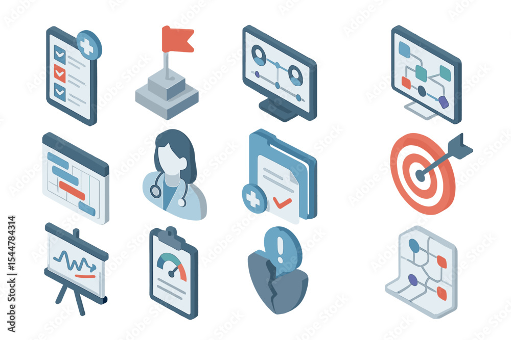 Fototapeta premium Isometric medical and technology icons with charts and targets