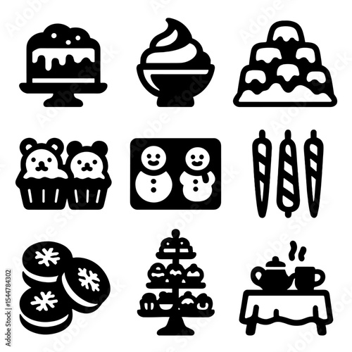 Winter Dessert Icons. Solid, filled icons set of wintery cake and dessert table: snowy cake, sweet frosting, 