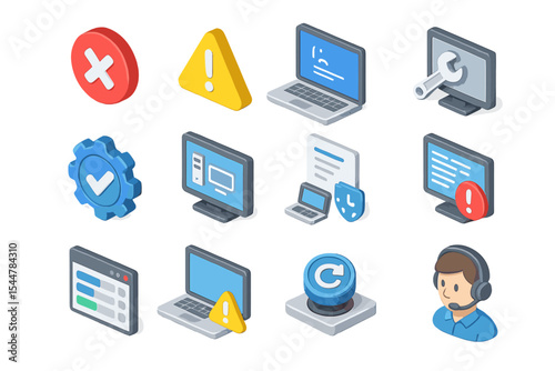Isometric tech icons: laptop, alert, settings, support, security