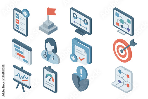 Isometric medical and technology icons with charts and targets