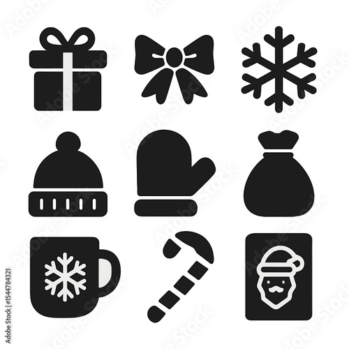 Winter Gifts Icons. Solid, filled icons set of winter holiday gift giving: present icon, bow icon, snowflake,