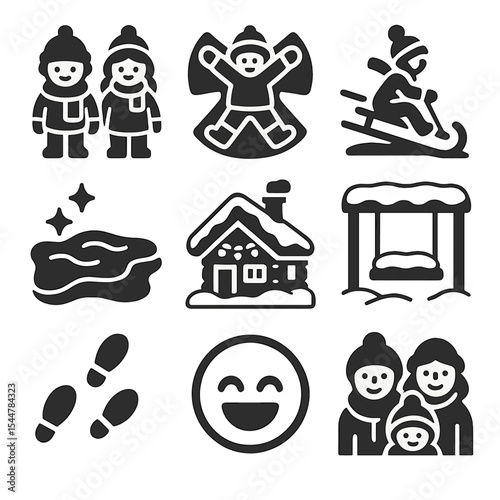 Winter Family Fun Icons. Solid, filled icons set of family fun in winter landscapes: bundled kids, snow angel,