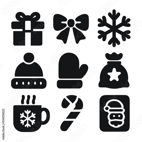 Winter Gifts Icons. Solid, filled icons set of winter holiday gift giving: present icon, bow icon, snowflake,