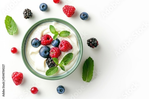 Green bowl of greek yogurt and fresh berries isolated on white background, top view