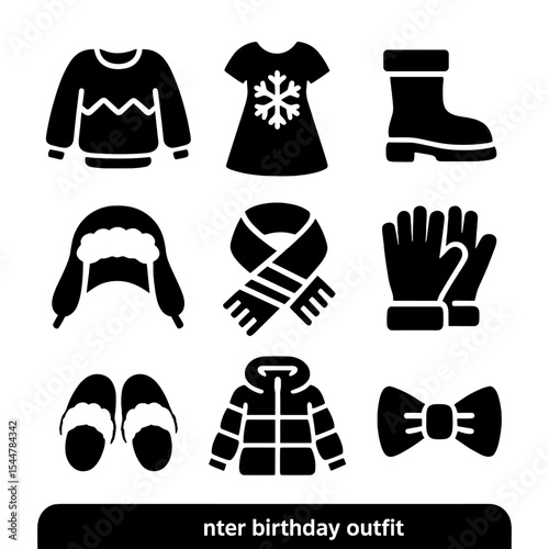 Winter Outfit Icons. Solid, filled icons set of winter birthday outfit: cozy sweater, snowflake dress, winter boots, furry hat, knit scarf, warm gloves, fuzzy slippers, puffy coat, winter bowtie.
