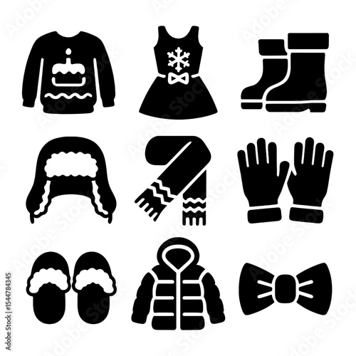 Winter Outfit Icons. Solid, filled icons set of winter birthday outfit: cozy sweater, snowflake dress, winter boots, furry hat, knit scarf, warm gloves, fuzzy slippers, puffy coat, winter bowtie.