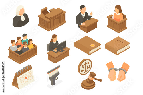 Isometric courtroom elements with judge, lawyers, jury, legal icons