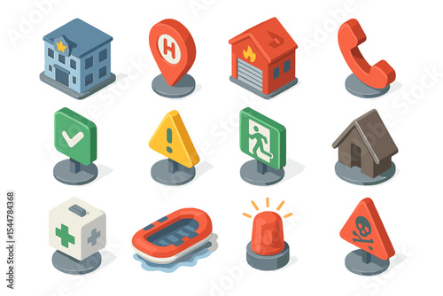 Emergency icons set: hospital, fire station, safety signs, boat, alert