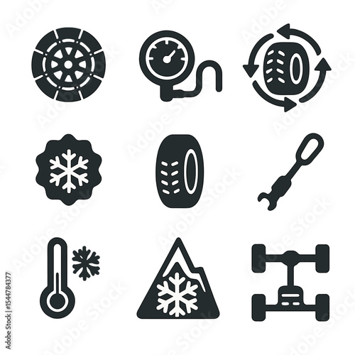 Winter Tire Safety Icons. Solid, filled icons set of tire safety in snow: mounted chain, winter pressure gauge