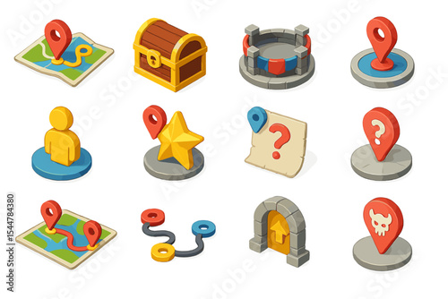 Colorful game icons featuring treasure, maps, and adventure elements
