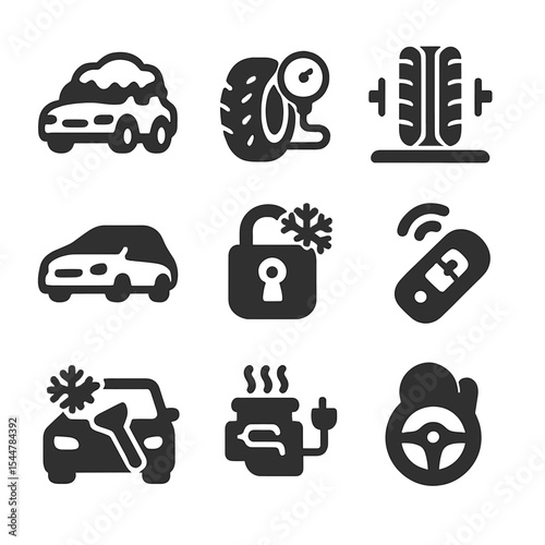 Winter Vehicle Care Icons. Solid, filled icons set of cold-weather vehicle care: snow-covered car, tire