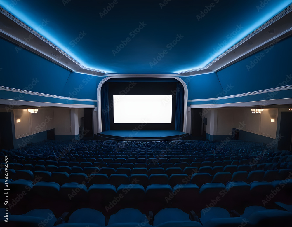 Fototapeta premium Empty of cinema in blue color with white blank screen. Mockup of hall, auditorium. Empty of cinema in blue color with white blank screen. 