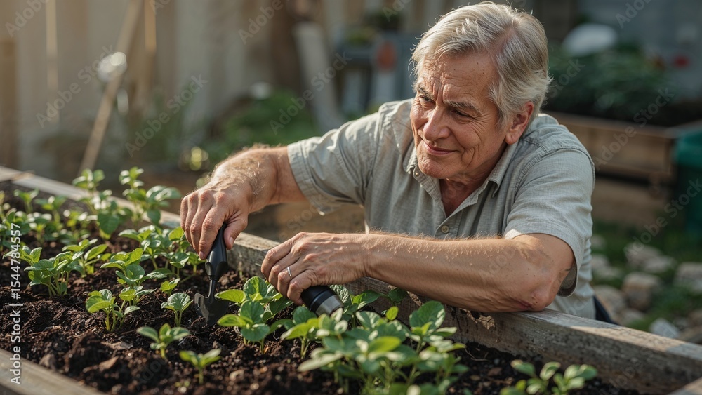 Fototapeta premium Senior man tending to plants in a raised garden bed with a small hand tool on a sunny day outdoors