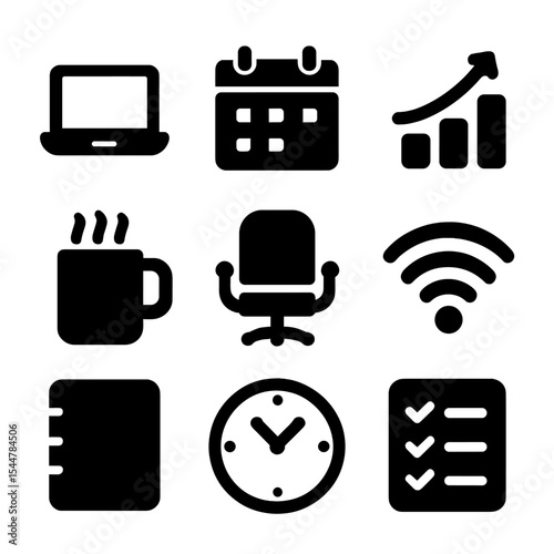 Work-from-Home Icons. Solid, filled icons set of effective work from home habits: laptop, calendar,