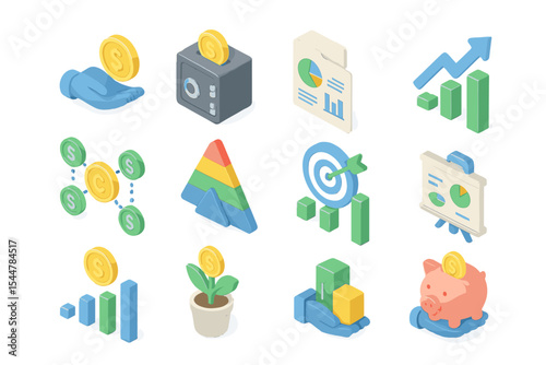 3d finance icons featuring money, growth, and analytics elements