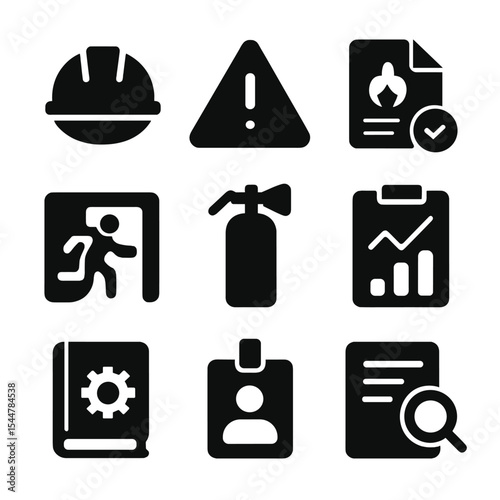 Workplace Safety Icons. Solid, filled icons set of workplace safety compliance: safety helmet, warning sign,