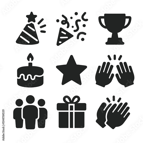 Workplace Celebration Icons. Solid, filled icons set of workplace celebration events: celebration icon, confetti, trophy, cake, gold star, high five, team gathering, appreciation gift, applause.